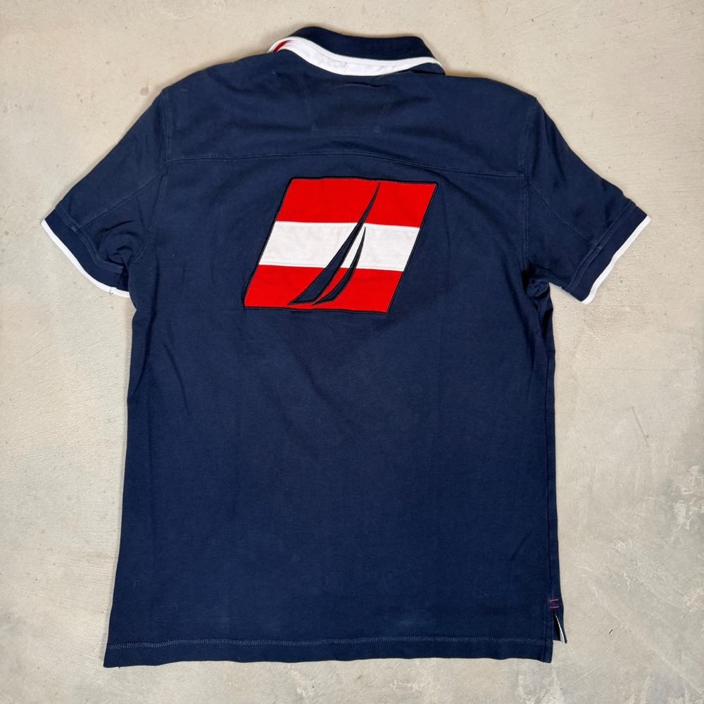 Nautica Mens Navy‎ Blue chief keef Flag Logo Pique Polo Shirt Medium - Picture 4 of 5